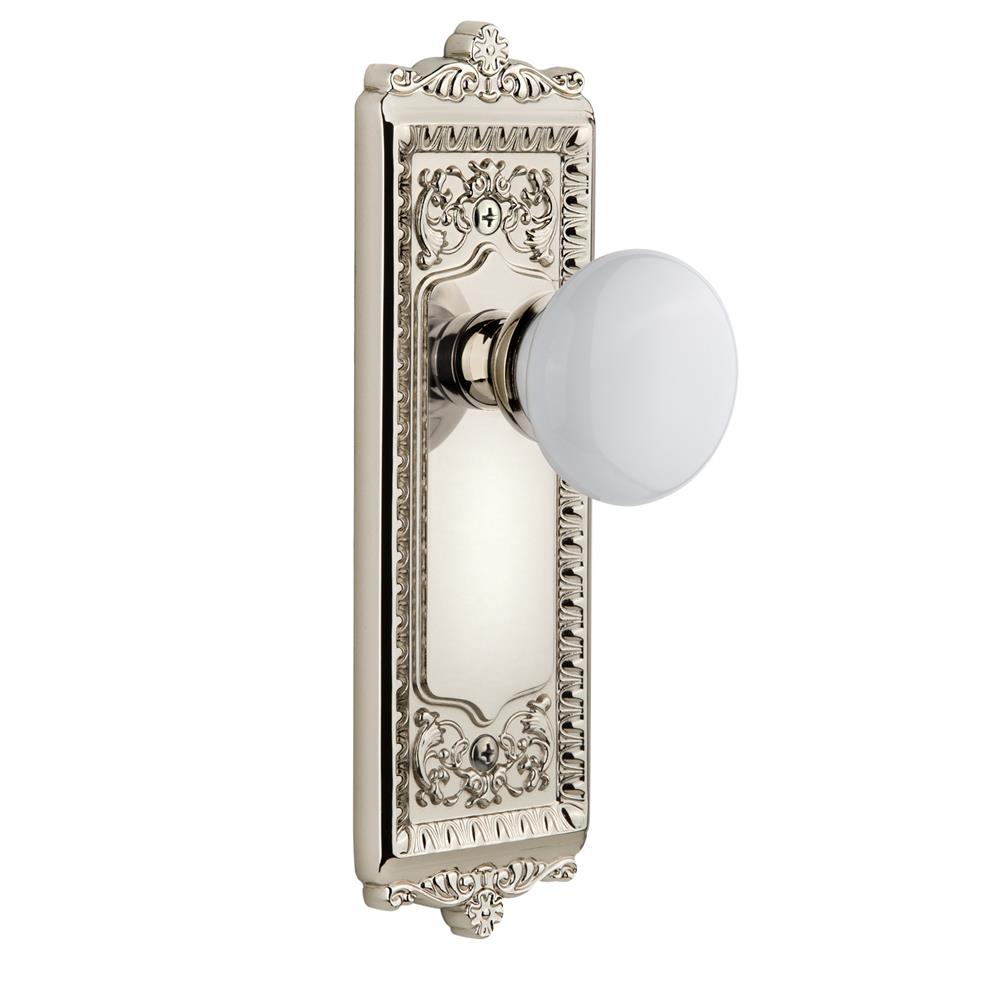 Grandeur by Nostalgic Warehouse WINHYD Complete Privacy Set Without Keyhole - Windsor Plate with Hyde Park Knob in Polished Nickel